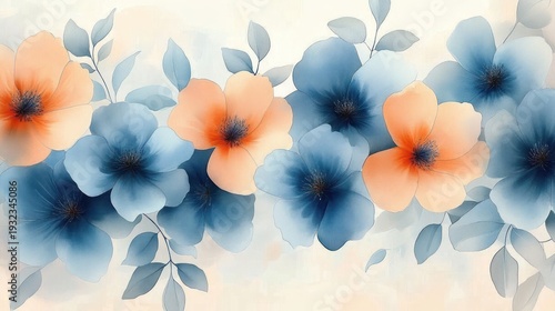 large soft blue and peach floral illustration with pale leaves on a gentle pastel background, evoking calm and serenity