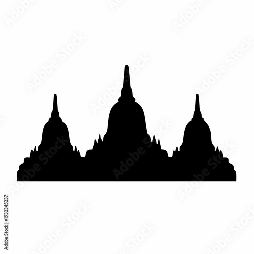Black silhouette of a Borobudur temple structure against white background image