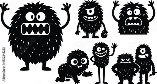 Playful black furry monster characters in flat vector art set showing varied poses expressions waving crawling and standing with bold silhouettes and simple cartoon smiling shapes