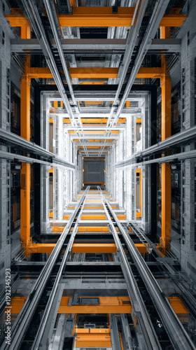 Warehouse automation structure vertical, industrial elevator shaft interior, geometric architecture pattern, orange steel frame detail