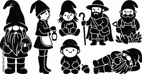 Flat design silhouette gnome characters set showing standing sitting sleeping and gardening poses with lantern shovel acorn beard hat close up front view