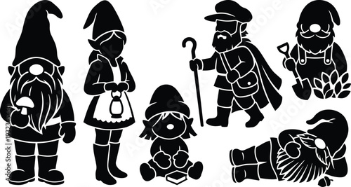 Whimsical silhouette garden gnome set showing bearded gnome holding mushroom and girl holding lantern plus seated child nisse walking man with cane digging gnome lying down