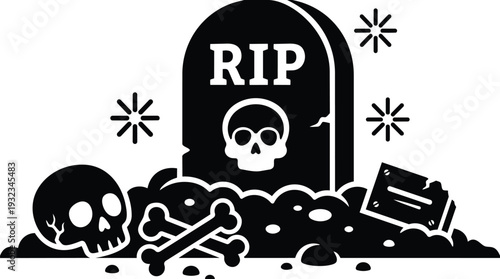 Minimalist black and white vector tombstone with rip skull and crossed bones foreground with scattered bones halloween graveyard close up flat design mockup front view low