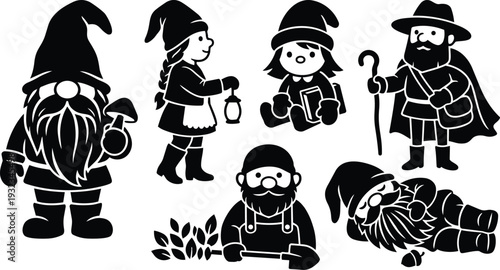 Flat design black silhouette gnome family showing standing bearded gnome with mushroom young girl with lantern sitting child reading traveling shepherd holding staff gardening dwarf resting