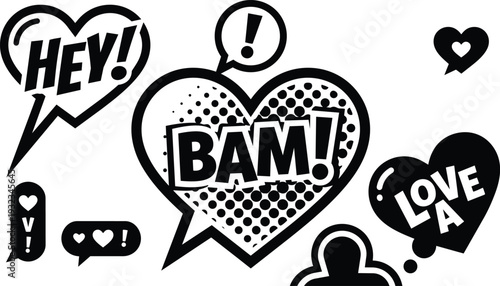 Retro comic heart speech bubbles with bam hey and love captions over halftone dots silhouette sticker pack vector layout in monochrome bold pop art style closeup