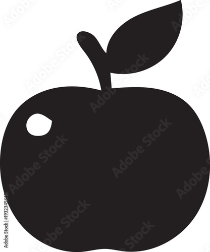 Simple black silhouette of an apple with a leaf and small indentation
