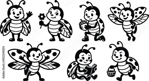 Cute cartoon ladybug characters in black and white set showing waving holding flower reading basket acorn flying and joyful poses flat vector art icons front view