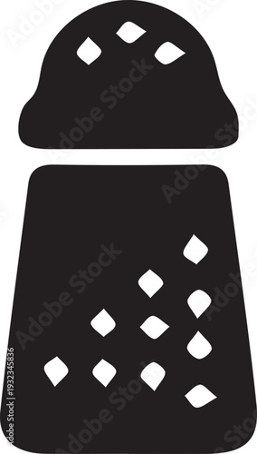 A classic black silhouette of a salt shaker with visible holes for seasoning food.