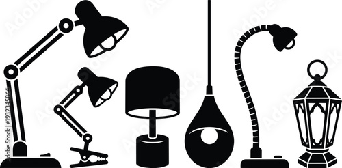 Minimalist vector composition of six desk and hanging lamps including articulated clamp lamp rounded table lamp pendant lamp flexible gooseneck lamp and decorative lantern in silhouette