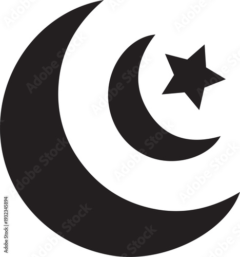 Black crescent moon and star, a prominent symbol representing Islamic faith and culture.