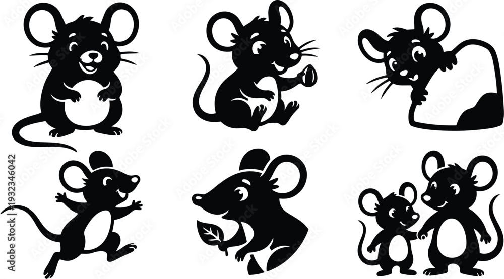 Obraz premium Cute monochrome vector art six playful mouse icons in various poses close up sitting running holding leaf parent and child composition flat design minimal line style