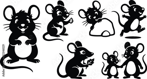 Cute black silhouette mice set showing smiling standing mouse running mouse eating cheese holding leaf peeking behind rock and parent and child pair playful vector art