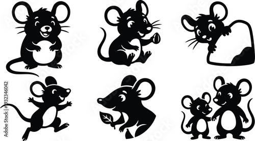 Cute monochrome vector art six playful mouse icons in various poses close up sitting running holding leaf parent and child composition flat design minimal line style