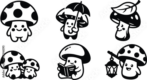 Cute kawaii mushroom characters close up holding umbrella reading book with lantern and leaf cap smiling vector art black and white flat design icon set playful