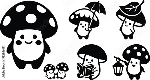 Cute flat design mushroom characters set smiling mushroom holding umbrella reading book and carrying lantern with leaf hat vector icons black and white minimalist style playful