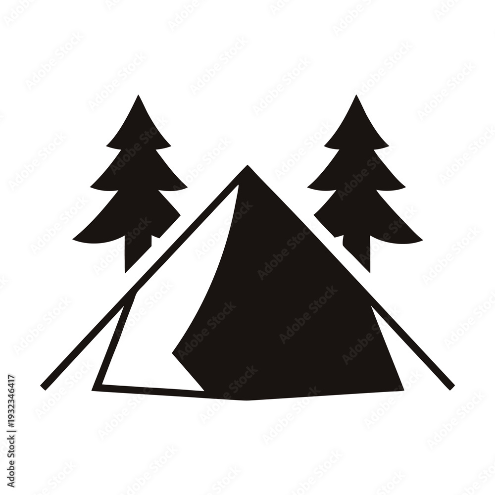 Obraz premium A Camping Icon with Tent and Evergreen Trees in Black Silhouette