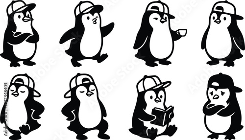 Minimalist vector art front view penguin characters wearing baseball caps in various poses reading drinking walking and posing with crossed arms playful black and white linework