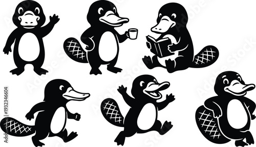 Minimalist vector art platypus character set showing six playful poses waving holding cup reading jumping running and sitting on white background bold silhouette monochrome friendly icons