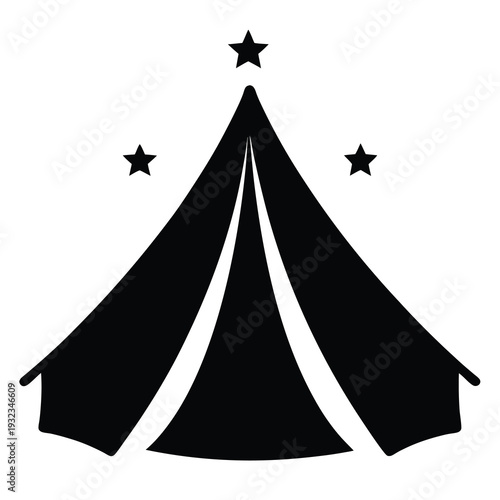 Silhouette of a classic circus tent with three stars above it