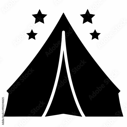 Black tent with four stars around it, symbol of outdoor adventure
