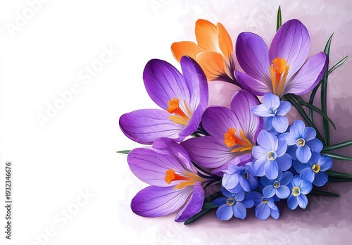 vibrant purple crocus and delicate blue wildflower bouquet with orange centers and green leaves on a clean white background, fresh spring mood
