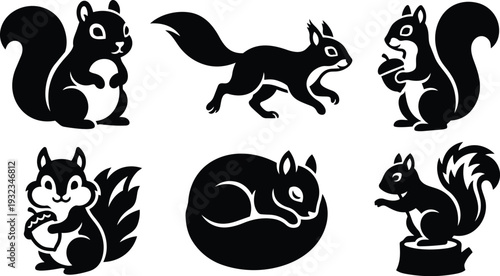 Silhouette vector icon set of six playful squirrels in varied poses holding acorn running sitting and sleeping isolated on white background bold flat design minimalist closeup