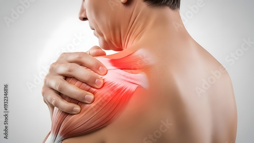 Close-Up of Person Holding Shoulder with Red Highlight Showing Muscle Strain Pain