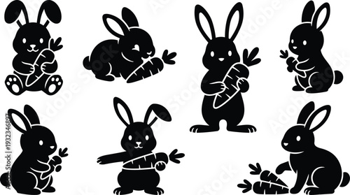 Cute flat design rabbit icons showing seven playful bunnies holding and nibbling carrots in various poses close up silhouette style black and white vector art set