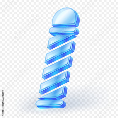 3D vector illustration of a glassy blue barber pole icon isolated on transparent background. Modern gradient design symbolizing barbershop, haircut, grooming and salon services.