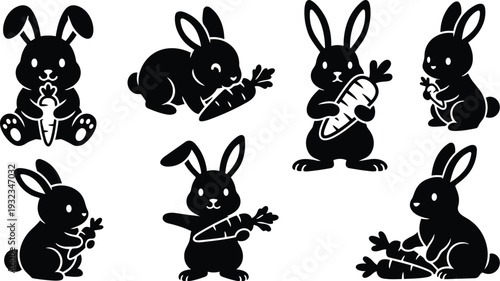 Minimalist icon set eight silhouette rabbits holding carrots in playful poses arranged in horizontal layout for easter themed vector artwork on white background simple bold contrast