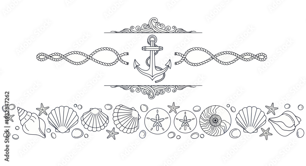Fototapeta premium Nautical decorative border with anchor, ropes, shells, starfish, and sand dollars