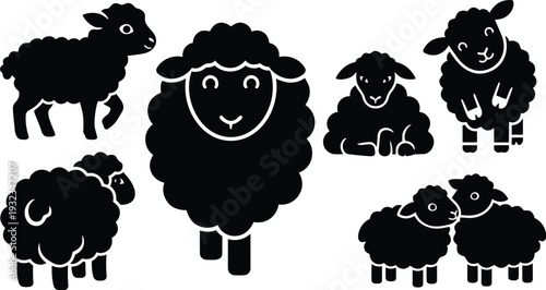 Minimalist vector art black sheep group in various poses close up central smiling sheep standing with lamb pair grazing on white background silhouette style flat illustration