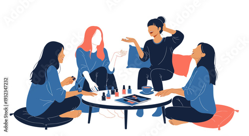 Four women friends enjoying a nail art session at home, painting nails, laughing, and chatting.