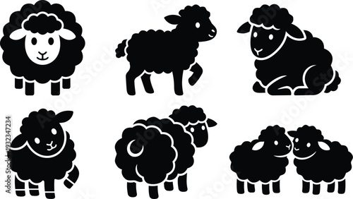 Flat design black sheep icons set showing six lamb silhouettes including standing and sitting profiles and close up faces with clean minimalist vector mockup svg png