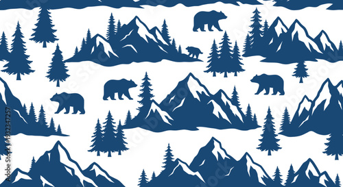 Majestic Mountain Range with Bears and Pine Trees - Silhouette Pattern