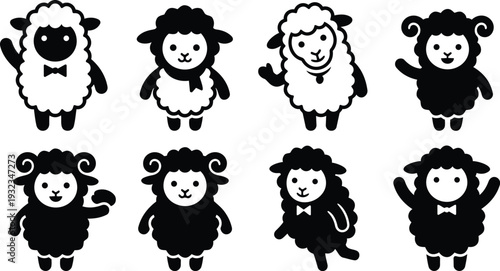 Minimalist black and white flat design sheep icon set eight cute sheep characters waving bow tie close up front view vector art for stickers with outlines