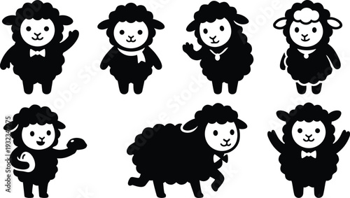 Cute black silhouette sheep icon set showing seven different poses waving running holding egg wearing bow tie and scarf close up flat vector art composition cheerful