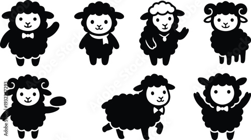 Cute flat design vector sheep icons set seven playful sheep waving wearing bow tie and scarf different poses close up black silhouette smiling friendly