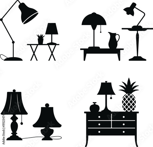 Modern home interior lamp silhouettes with furniture elements, stylish lighting fixtures vector collection isolated on white background