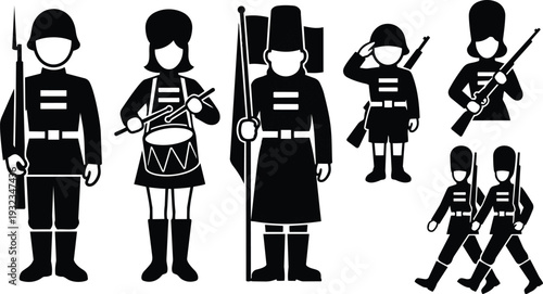Minimalist vector parade soldiers and marching band close up with drummer standard bearer and rifle guards in silhouette flat design black and white side view uniforms