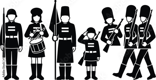 Minimalist vector art close up of marching ceremonial guards saluting carrying rifles and flag drummer child drummer and marching band side view style