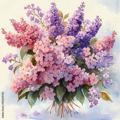 delicate watercolor bouquet of pink and purple lilac clusters and small five-petaled blossoms with green leaves and falling petals, evoking a serene romantic mood