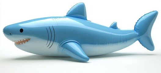 playful glossy blue inflatable shark toy with smiling teeth, black eyes, gill slits, fins and tail resting on a white background