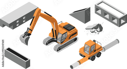 Isometric construction excavator with concrete blocks and pipe installation, heavy machinery equipment, industrial building materials, isolated on white background