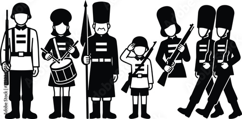 Monochrome vector flat design close up low angle marching guards drummer flag bearer saluting child ceremonial uniforms black and white high contrast bold silhouette side view