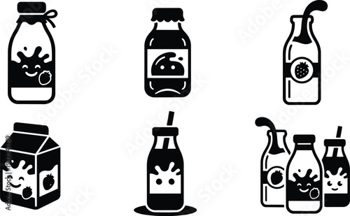 Minimalist black vector icons of smiling strawberry milk bottles arranged in six icon set flat design close up isolated on white background playful simple composition friendly