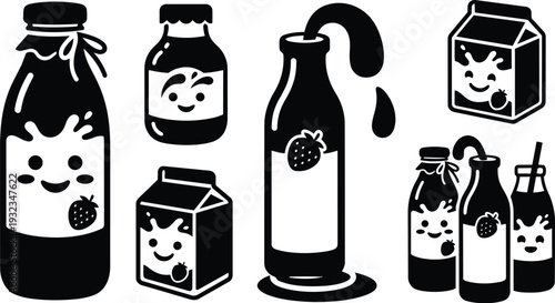 Minimalist icon set close up smiling milk bottles and cartons with strawberry labels arranged in a row three quarter view with playful flat vector soft mood