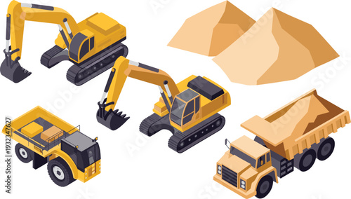 Isometric construction vehicles set, excavators and dump trucks, heavy machinery equipment, mining transport machines, isolated on white background