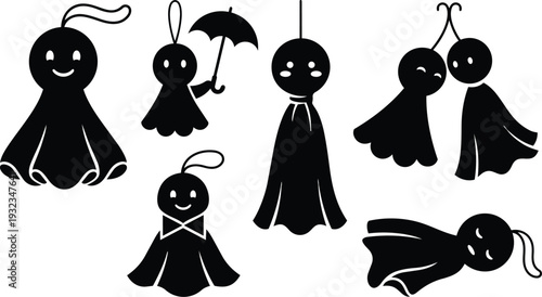 Teru teru bozu style vector art close up of smiling hanging rain dolls holding umbrella low angle flat design minimalist black silhouette playful mood cute set