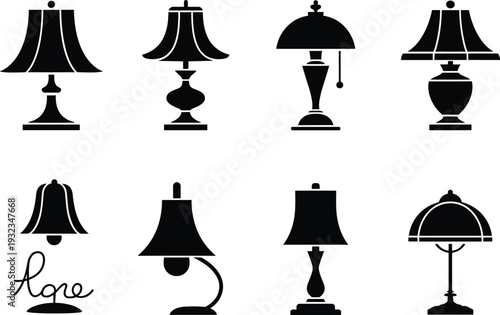 Classic and modern table lamp silhouettes collection, decorative lighting fixtures vector set isolated on white background